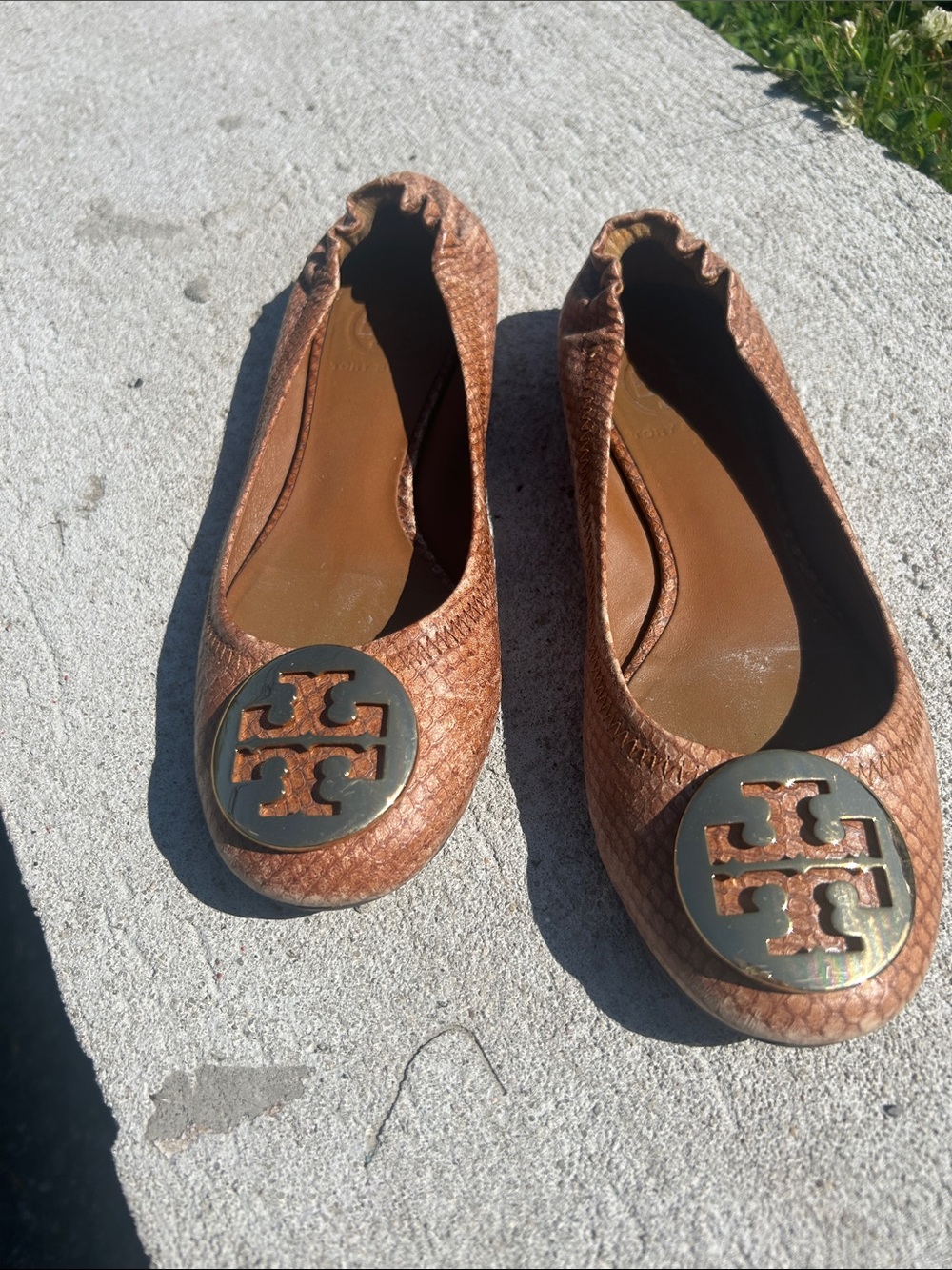Tory Burch Tan Woven Leather Logo Ballet Flats